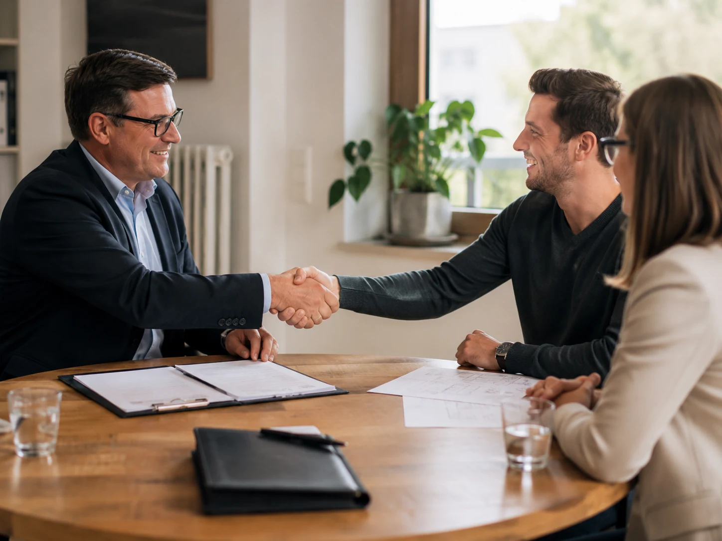 Handschlag bei einem Beratungsgespräch am Besprechungstisch